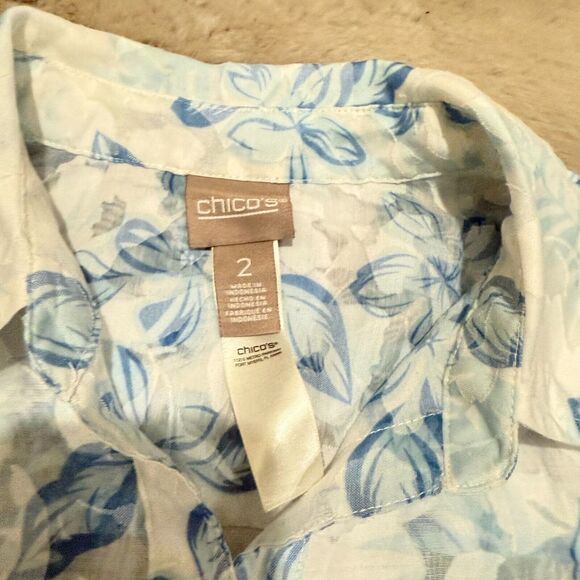 Chico’s Women Floral Button-Up Shirt Blue White Sheer Long Sleeve Blouse Size L - Picture 6 of 11